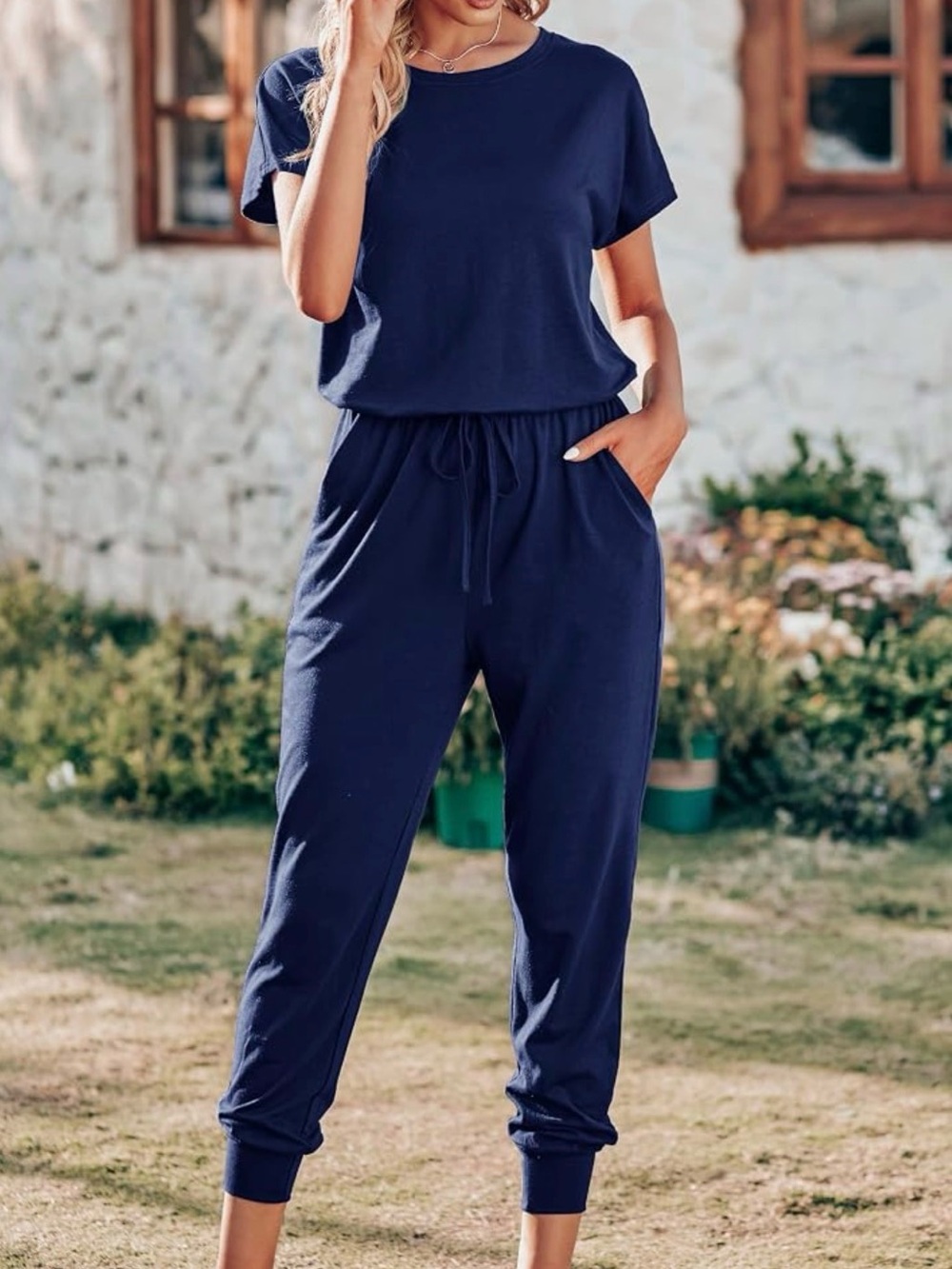 Navy Short-Sleeve Jumpsuit with Drawstring Waist